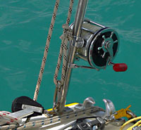 Penn Senator 12/0 trolling reel on Alacazam's stern rail