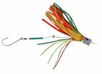 Component parts of a skirted fishing lure.